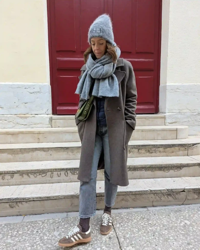 Long Coat with Jeans and Brown Adidas Spezial