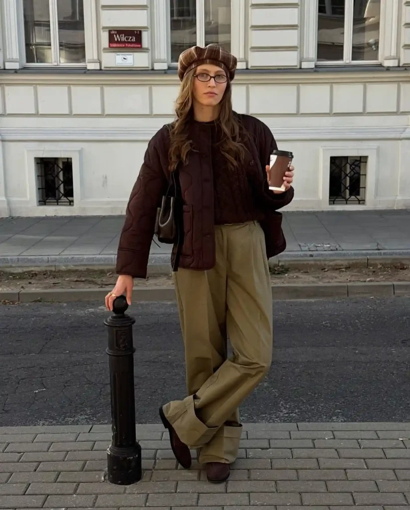 Brown Loafers with Quilted Jacket and Relaxed Trousers Office Outfit