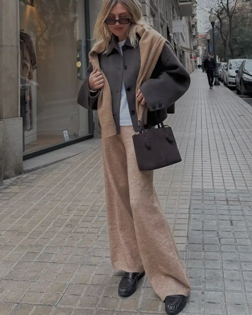 Brown Loafers with Knit Set and Cropped Jacket Office Outfit