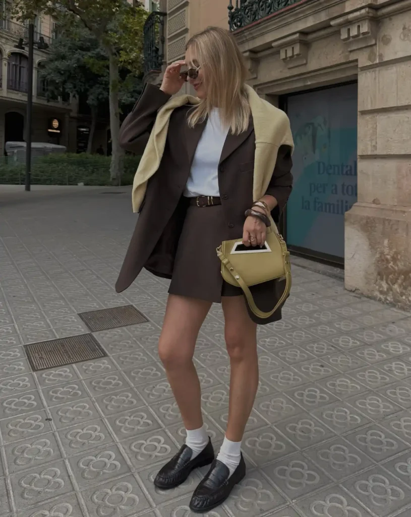 Brown Loafers with Tailored Blazer and Mini Skirt Office Outfit