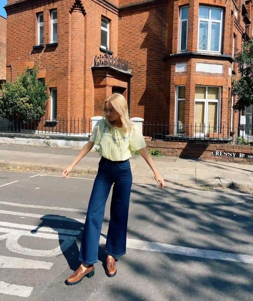 Brown Loafers with Embroidered Top and Wide-Leg Jeans Office Outfit