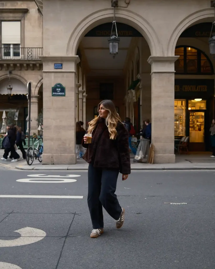 Brown Jacket with Dark Jeans and Brown Adidas Spezial