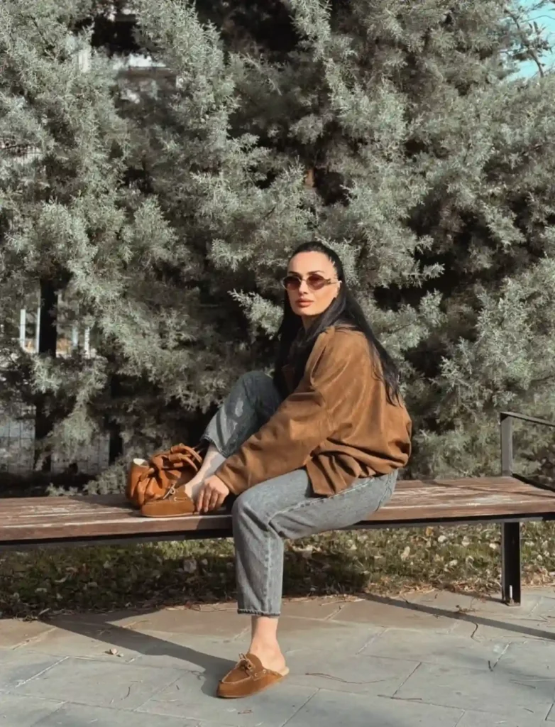 Brown Loafers with Leather Jacket and Grey Jeans Office Outfit