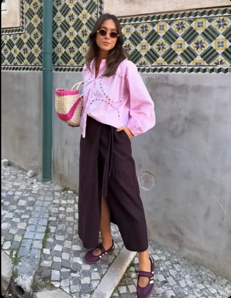 Soft Pink Shirt with Wide Skirt and Adidas Samba Jane Outfit