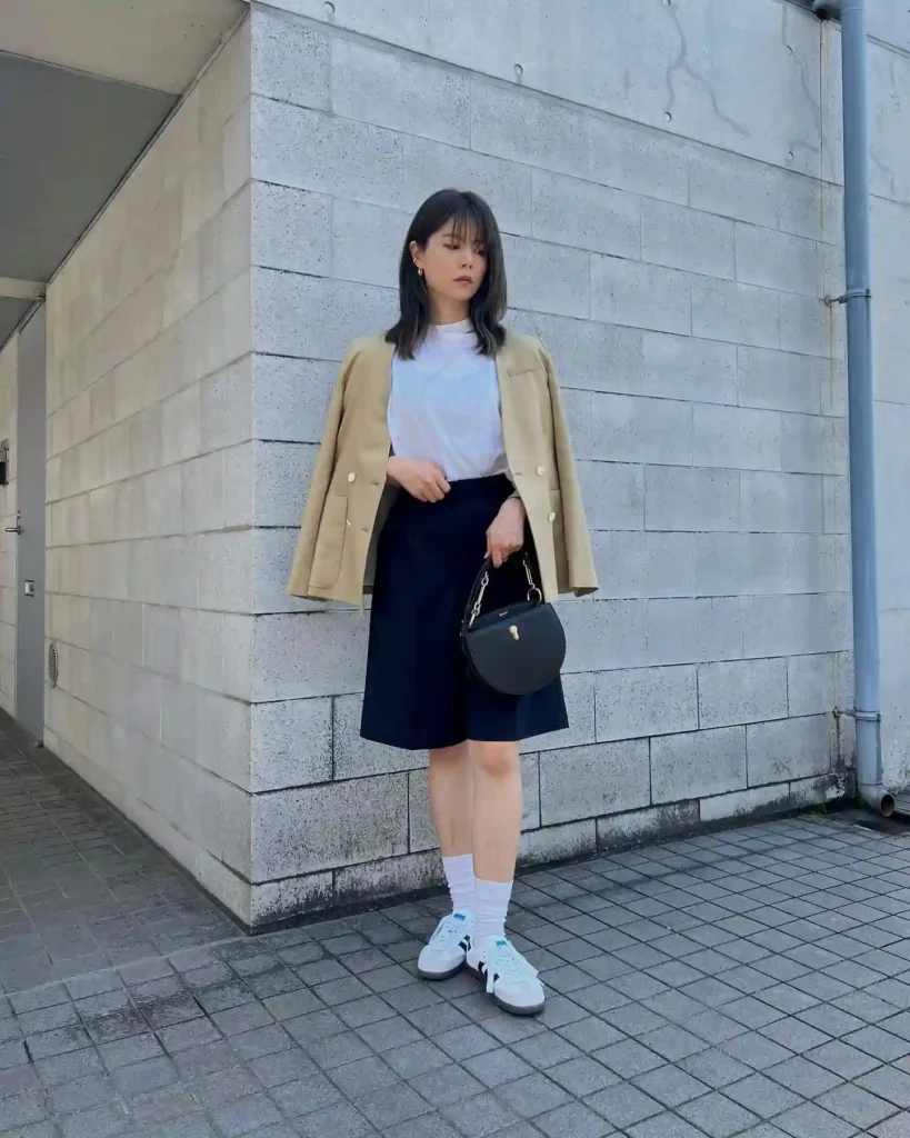 Blazer with Tailored Shorts and Sneakers Outfit