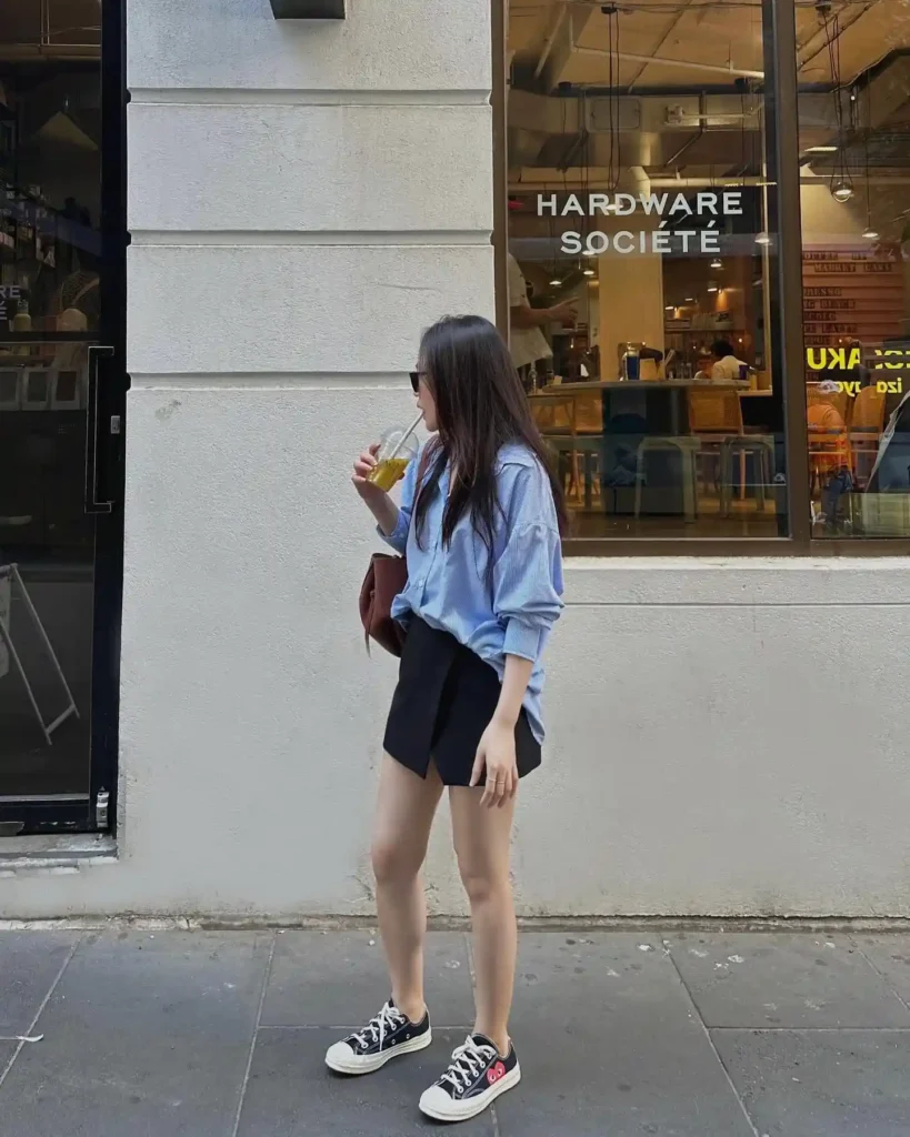 Light Blue Shirt with Mini Skirt Summer Office Outfit