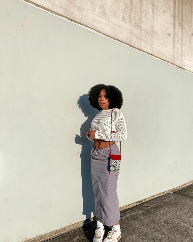 Textured Knit Top and Midi Skirt with Sneakers