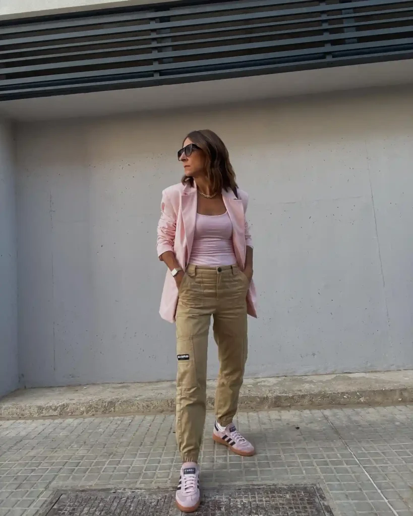 Pink Blazer with Cargo Pants and Adidas Handball Spezial