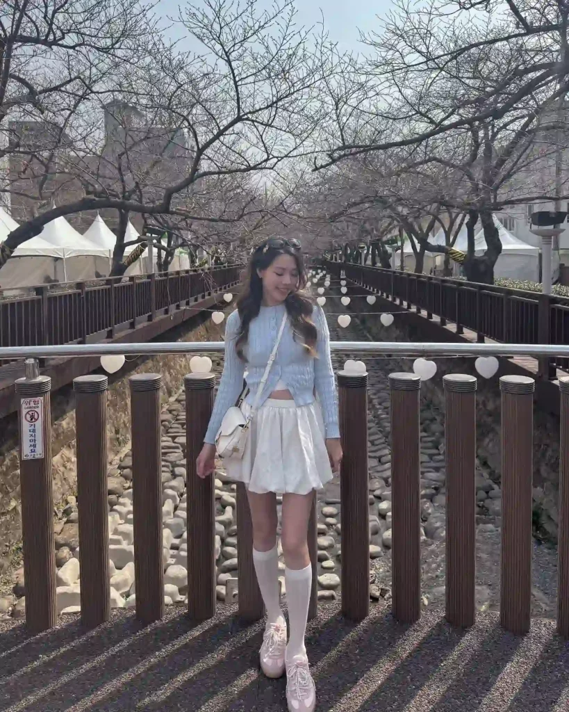 Blue Cardigan with White Mini Skirt and Pink Adidas Handball Spezial