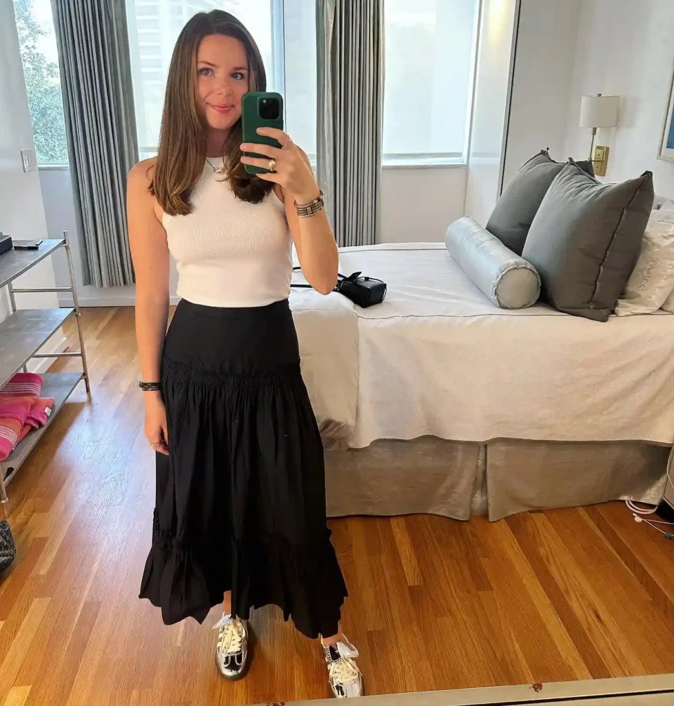 Minimal Chic with Silver Sambas and a Classic Skirt