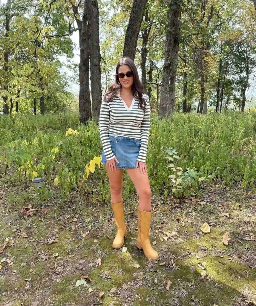 Striped Top with Denim Mini Skirt and Frye Boots Summer Outfit