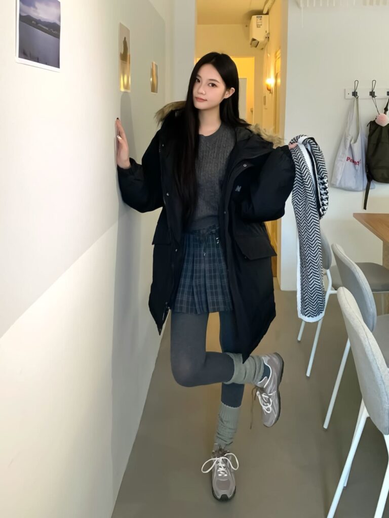 Black Puffer Coat with Pleated Skirt and New Balance 204L