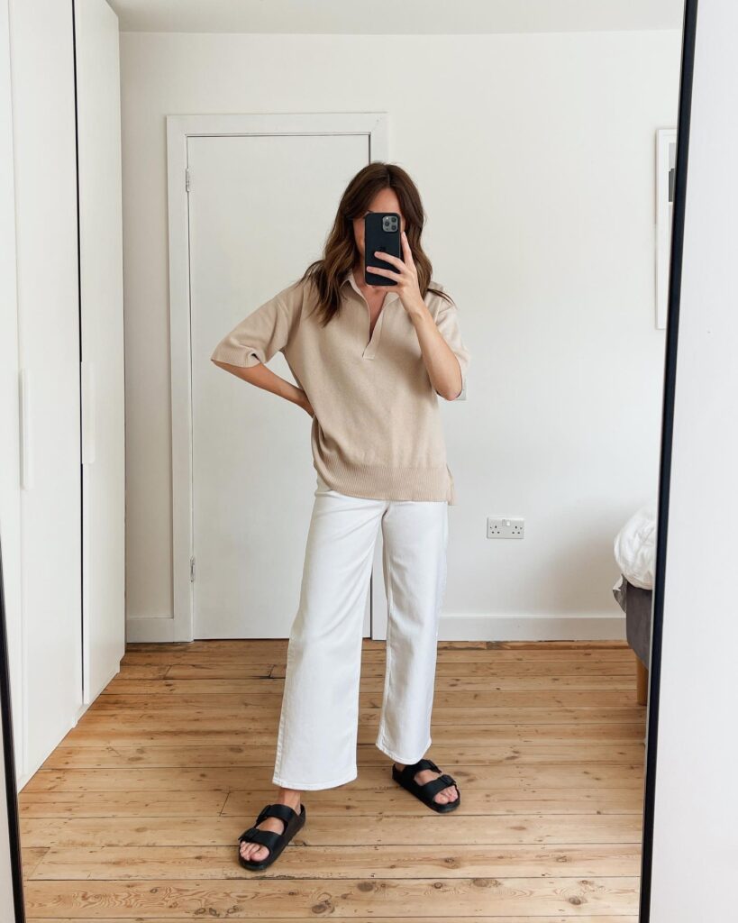 Beige Knit Polo with White Wide-Leg Jeans and Birkenstock Arizona Outfit