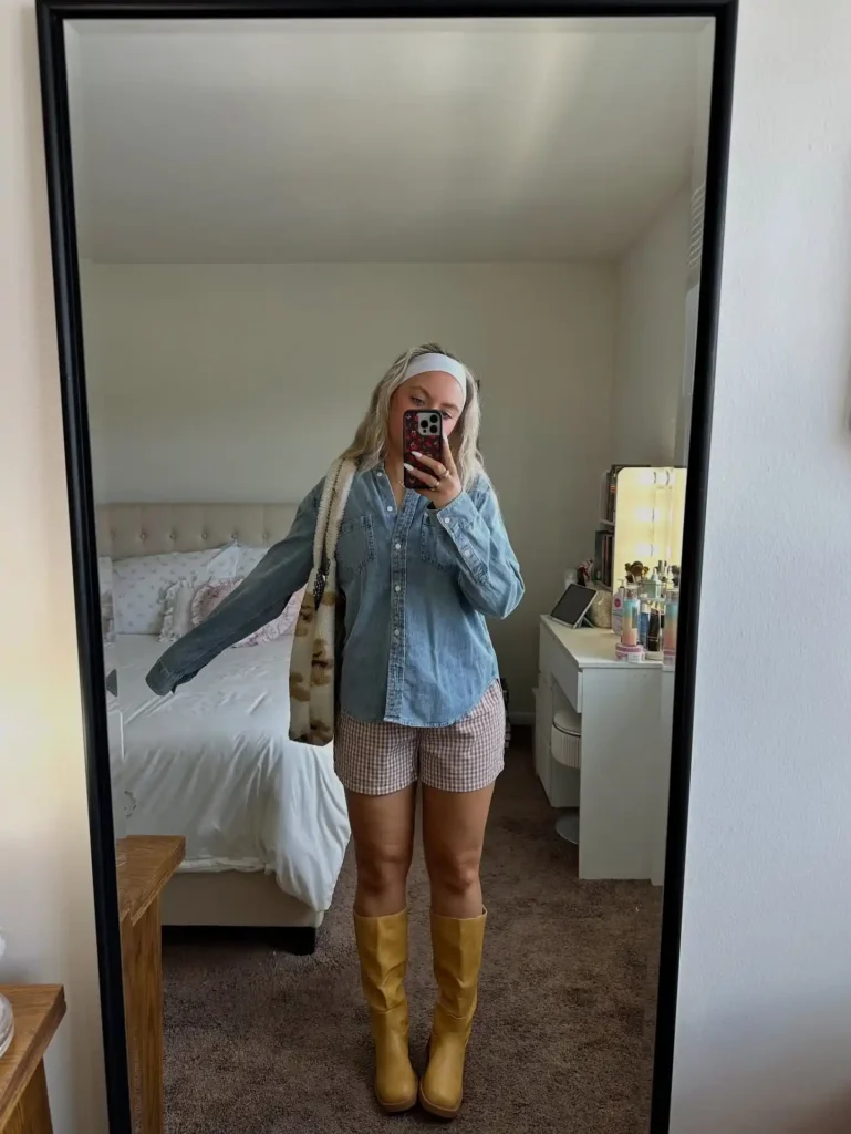 Denim Shirt with Gingham Shorts and Frye Boots Summer Outfit