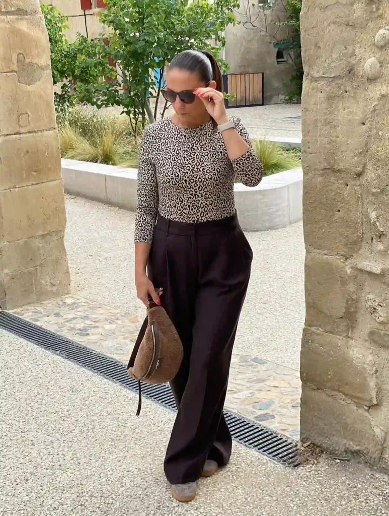 Leopard Top with Wide-Leg Trousers and Brown Adidas Spezial