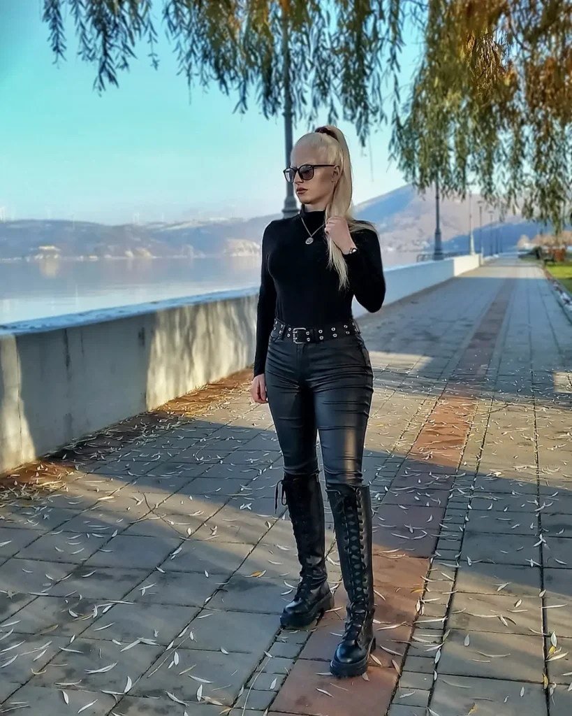 All-Black Fitted Outfit with Knee-High Combat Boots