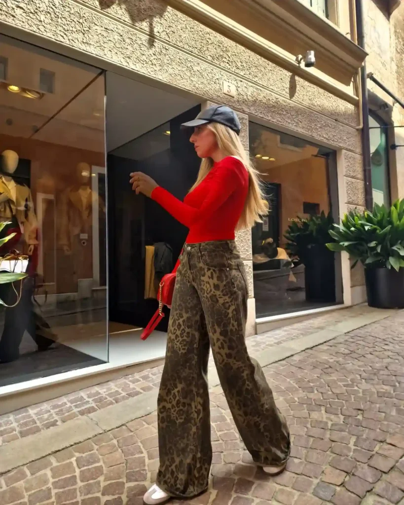 Red Fitted Top with Leopard Print Pants Adidas Samba Summer Outfit