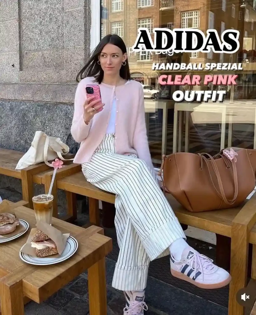 Pink Cardigan with Striped Pants and Adidas Handball Spezial