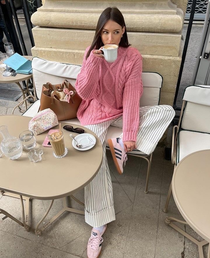 Pink Knit Sweater with Striped Pants and Adidas Handball Spezial