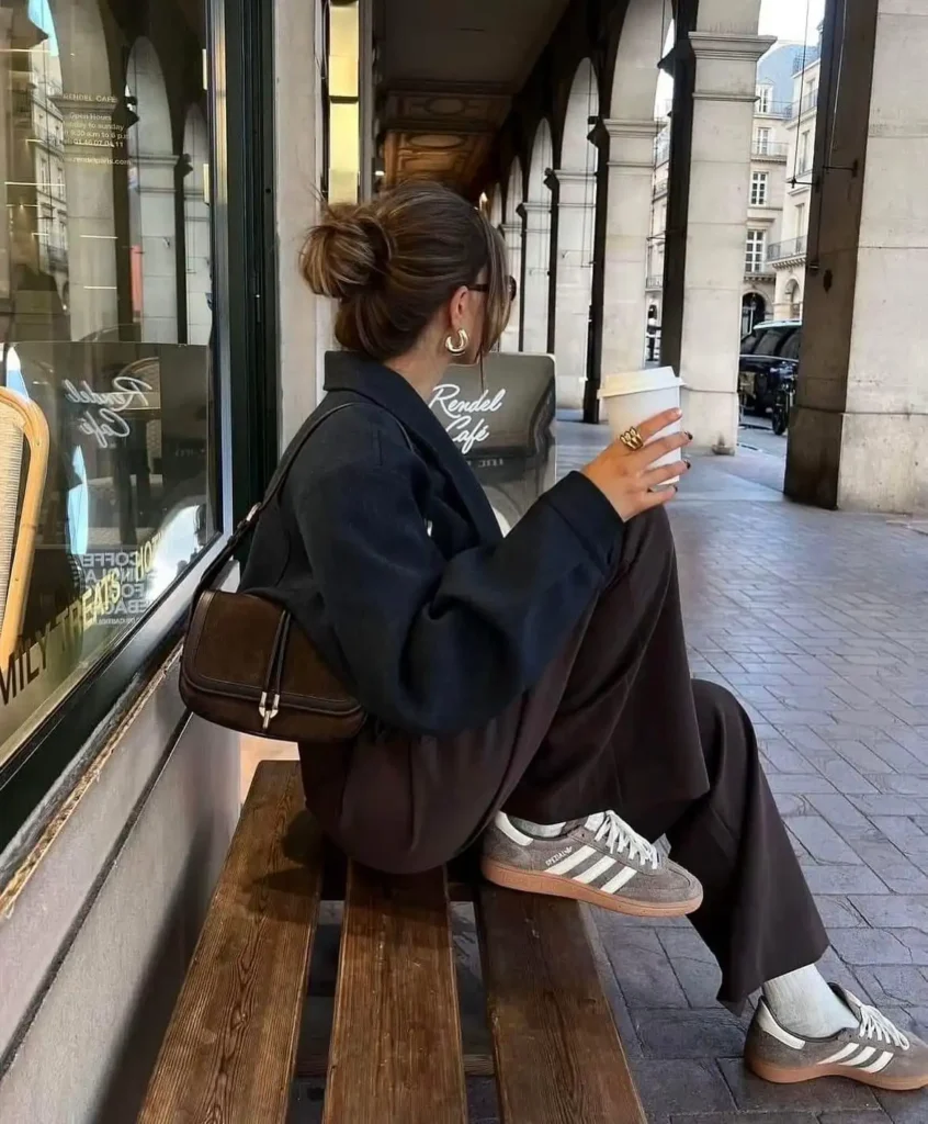 Dark Blazer with Wide-Leg Trousers and Brown Adidas Spezial
