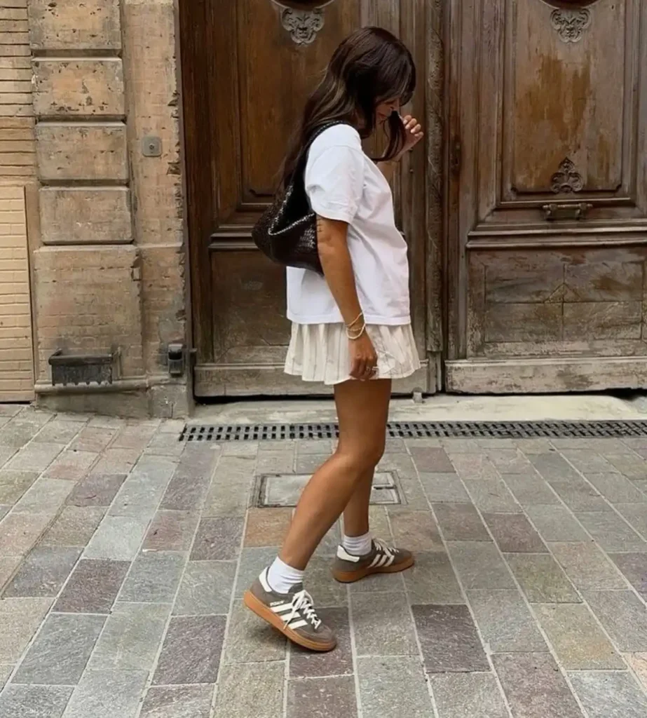 White Tee with Mini Skirt and Brown Adidas Spezial