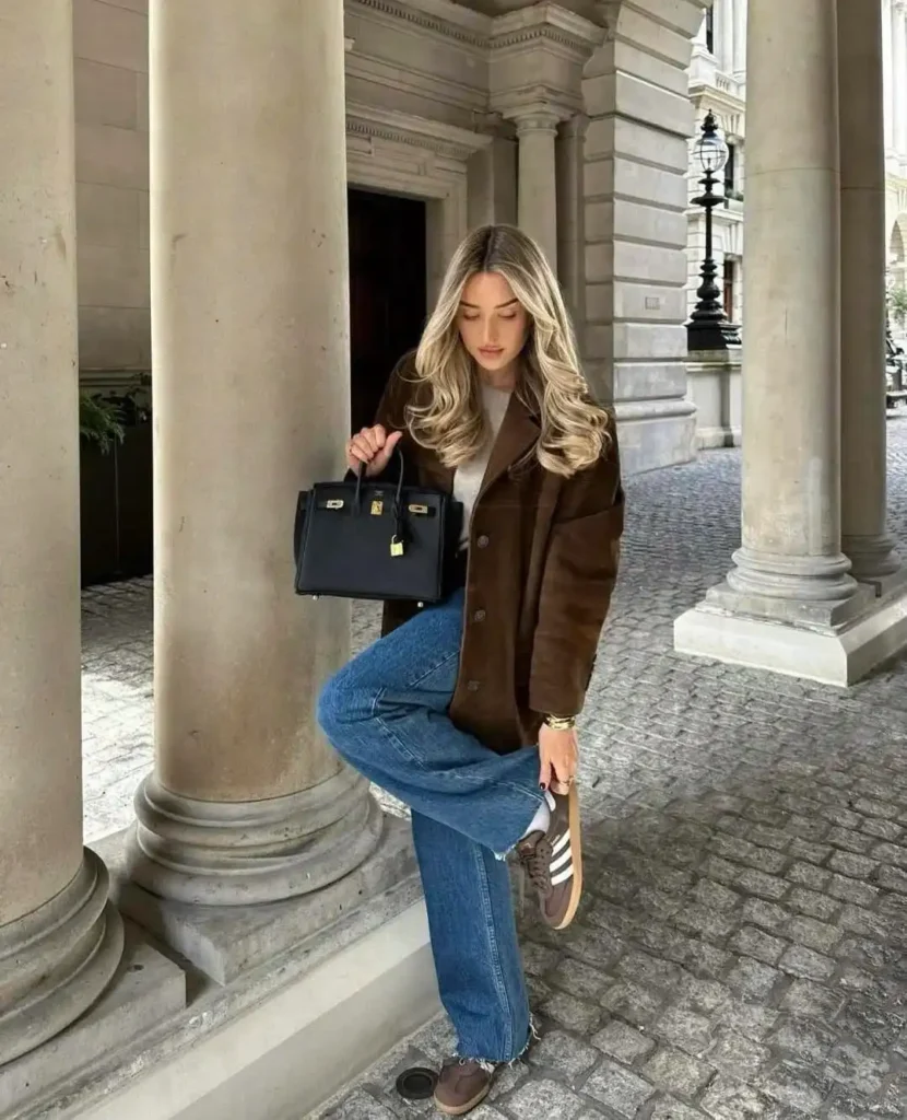 Brown Jacket with Blue Jeans and Brown Adidas Spezial