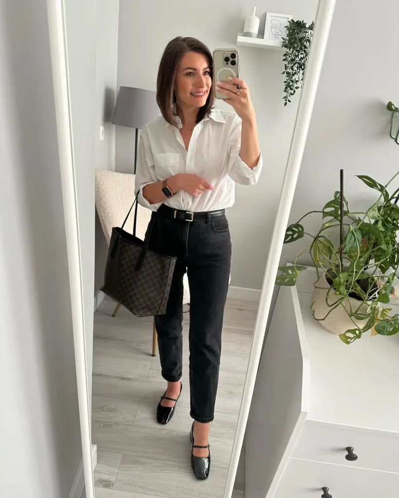 White Shirt with Black Jeans and Mary Jane Shoes Summer Outfit