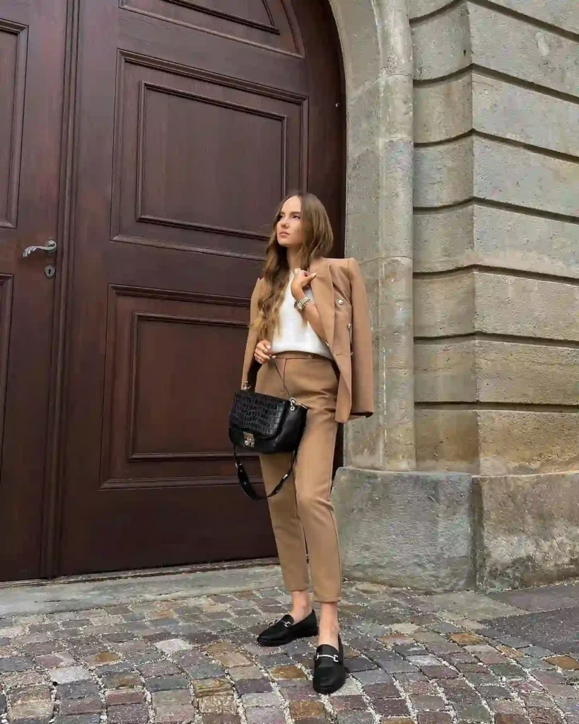 Tailored Elegance with Neutral Suit and Loafers