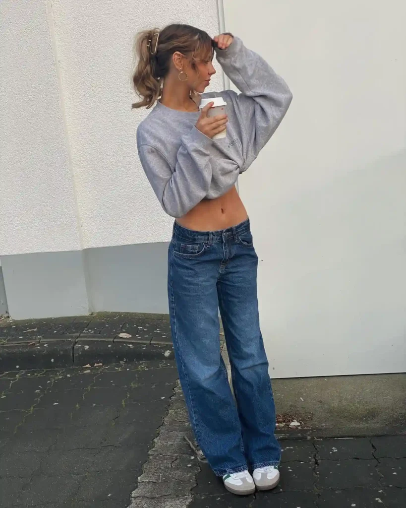 Cropped Sweatshirt with Baggy Jeans Adidas Samba Summer Outfit