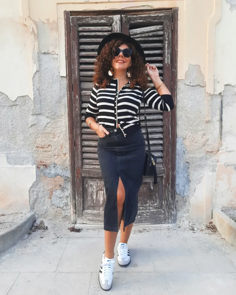 Striped Top with Black Midi Skirt Adidas Samba Summer Outfit