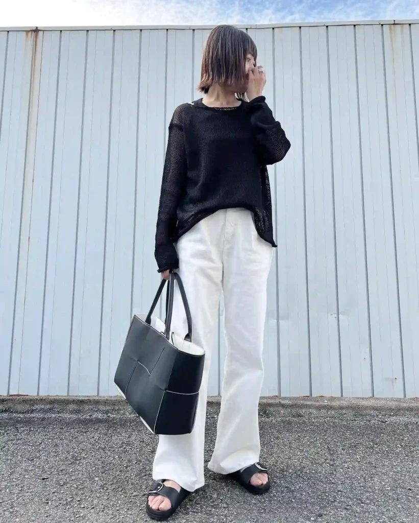 Black Knit Top with White Wide-Leg Jeans and Birkenstock Arizona Outfit