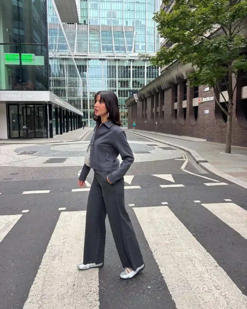 Structured Jacket with Wide-Leg Trousers and Silver Puma Ballet Flats Outfit