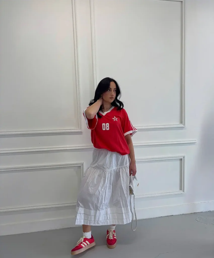 Sporty Jersey Top with White Midi Skirt Adidas Samba Summer Outfit