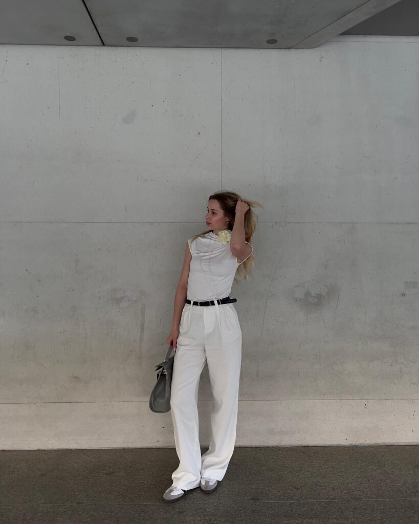 All-White Tailored Set with Adidas Samba Summer Outfit