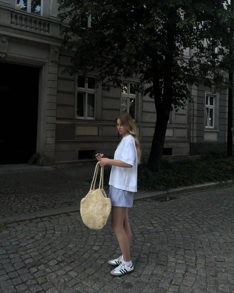 Oversized White Tee with Striped Shorts Adidas Samba Summer Outfit