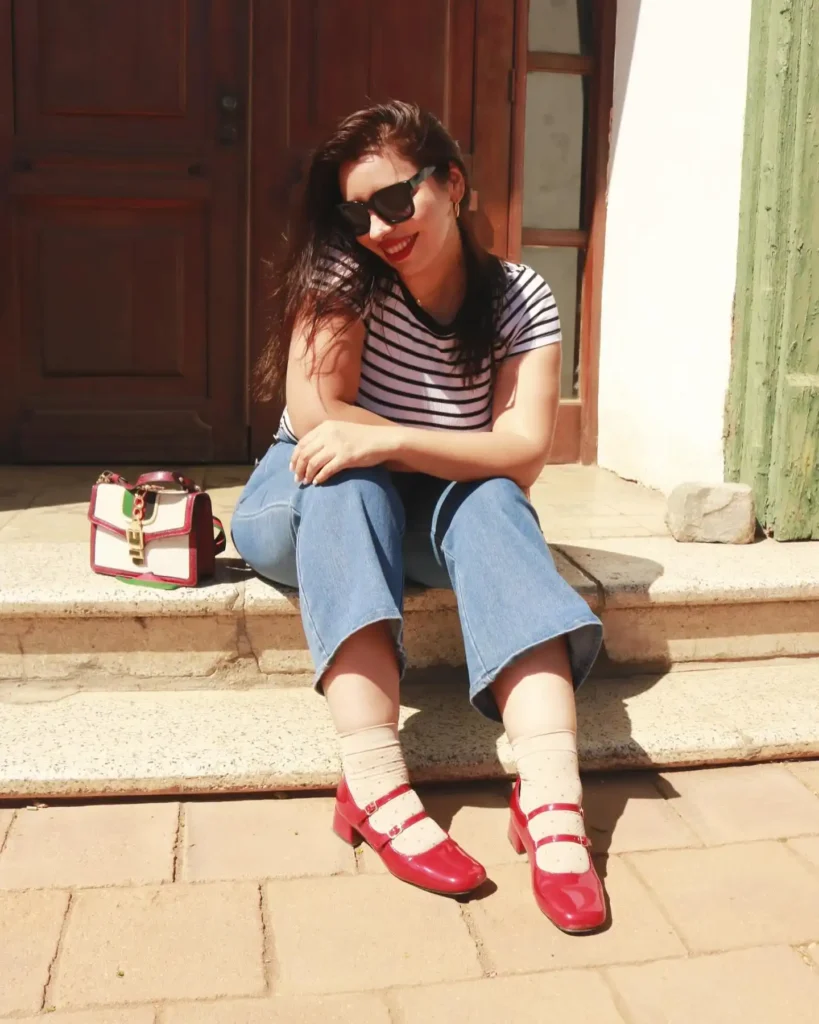 Striped Tee with Cropped Jeans and Red Mary Jane Shoes Summer Outfit
