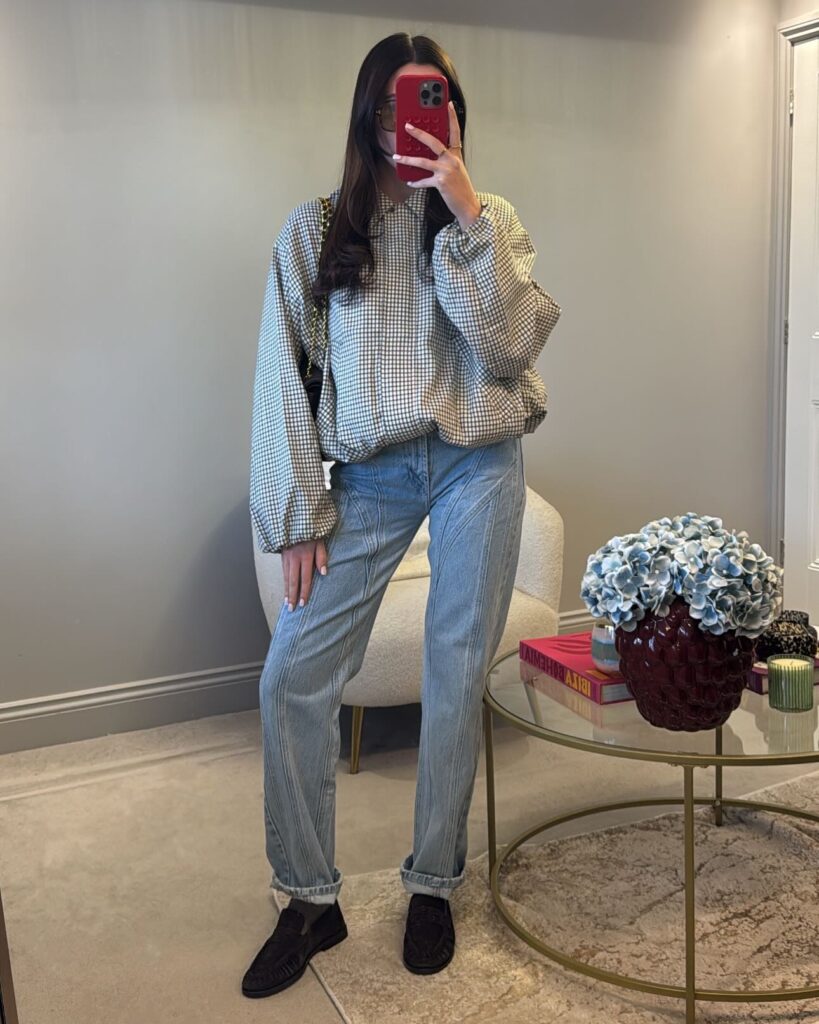 Brown Loafers with Checkered Blouse and Relaxed Jeans Office Outfit