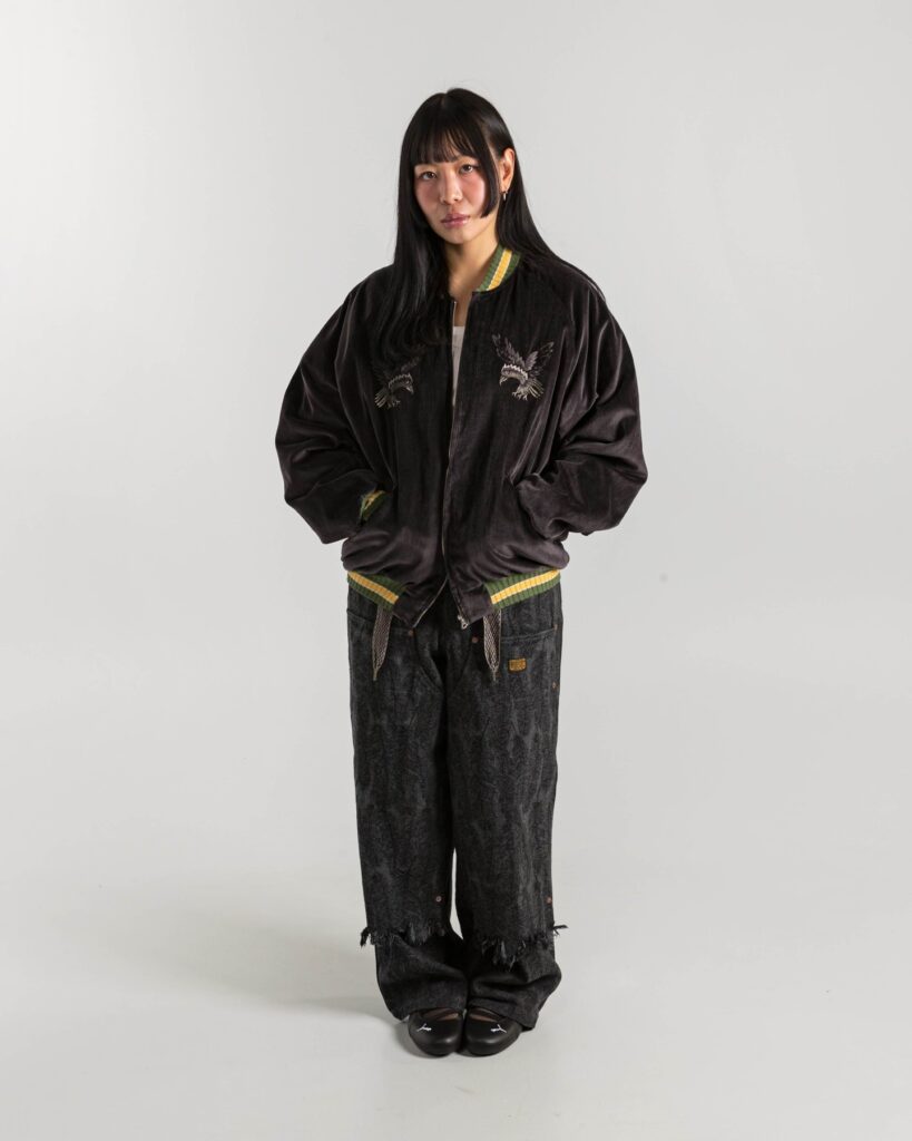 Oversized Jacket with Dark Baggy Pants and Black Puma Ballet Flats