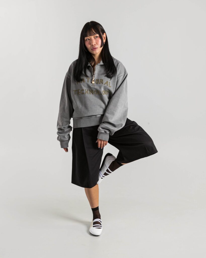 Cropped Sweatshirt with Midi Skirt and White Puma Ballet Flats Outfit