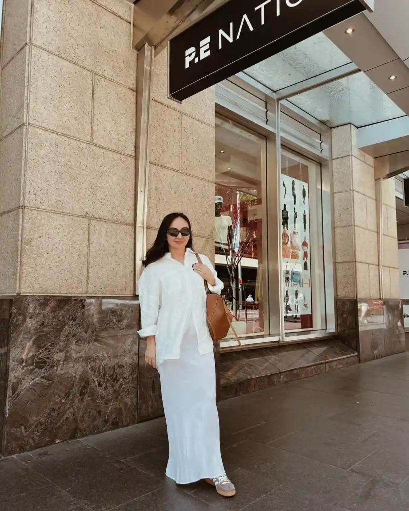 White Shirt with Maxi Dress and Brown Adidas Spezial