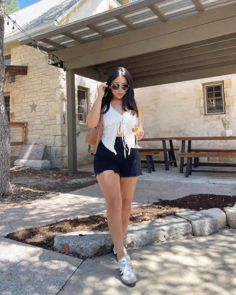 Lace Tie-Front Top with Black Shorts Adidas Samba Summer Outfit