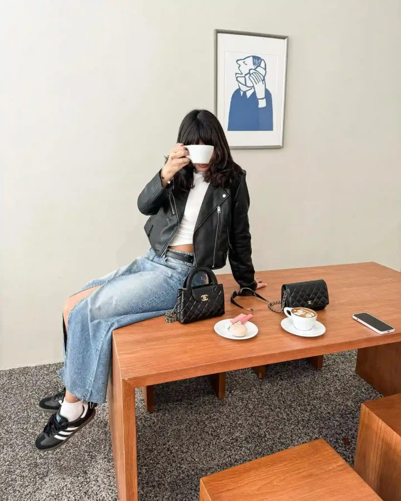 Chic Coffee Date Look with Black Adidas Samba