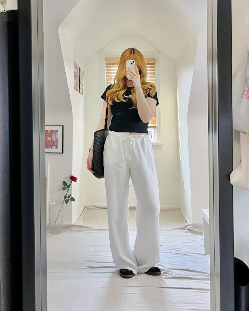 Black Fitted Tee with White Linen Pants Adidas Samba Summer Outfit