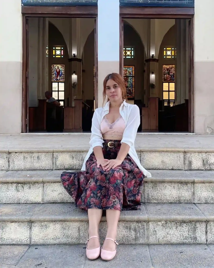 Lace Top with Floral Midi Skirt and Pink Mary Jane Shoes Summer Outfit