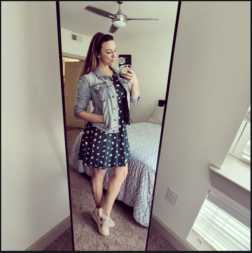 Floral Mini Dress with Denim Jacket and Wedge Sandals