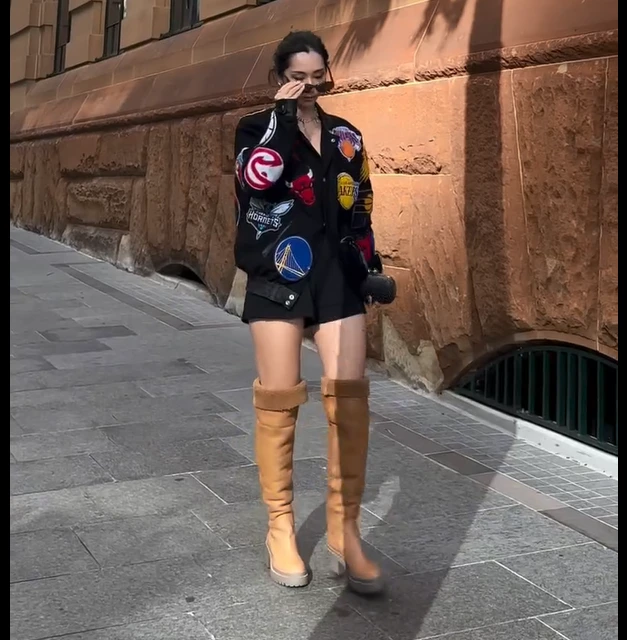 Oversized Graphic Jacket with Knee-High Boots Summer Outfit
