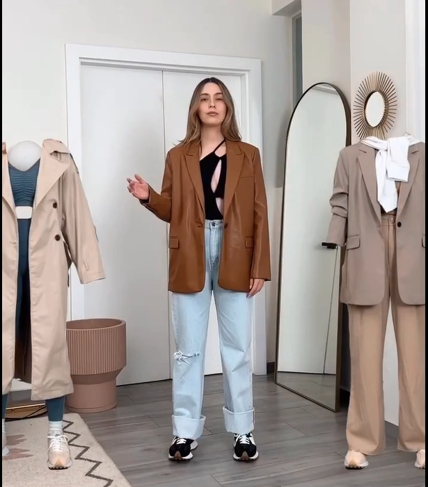 Brown Blazer with Light Wash Jeans and New Balance 327