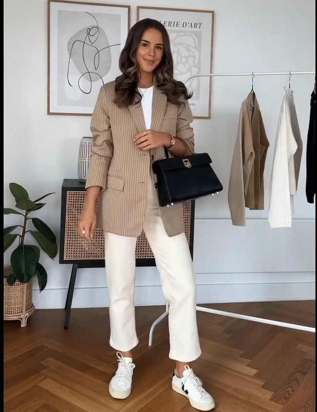 Beige Pinstripe Blazer with White Pants and Off White Sneakers