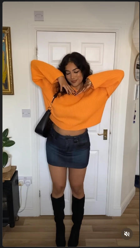 Orange Sweater with Denim Mini Skirt and Knee-High Boots