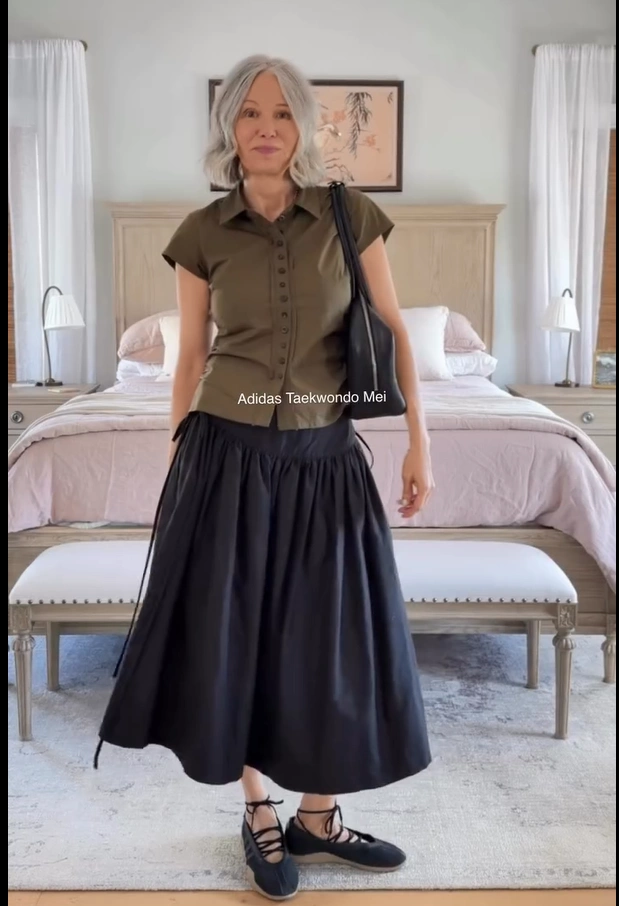 Olive Button Top with Black Maxi Skirt Ballet Sneakers Outfit